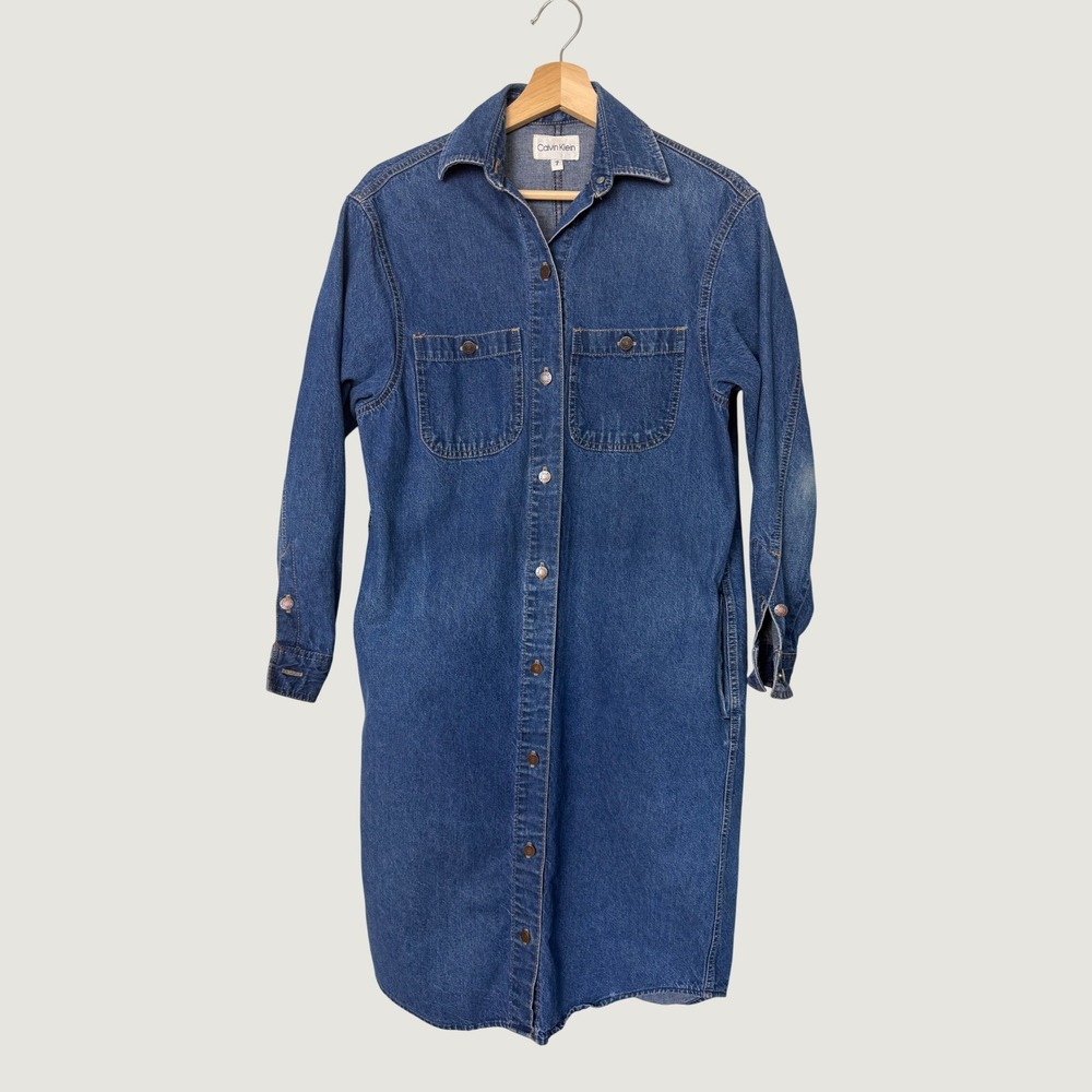 Calvin Klein Denim Shirt Dress Blue Vintage 90s Button Front Midi Size 7